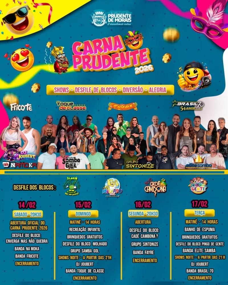 Vem aí o Carna Prudente 2026! Confira as atrações e aproveite a festa mais popular da cidade