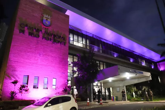 Fachada da Câmara Municipal de BH iluminada com a cor lilás, que simboliza a campanha em defesa das mulheres (Foto: Bárbara Crepaldi)
